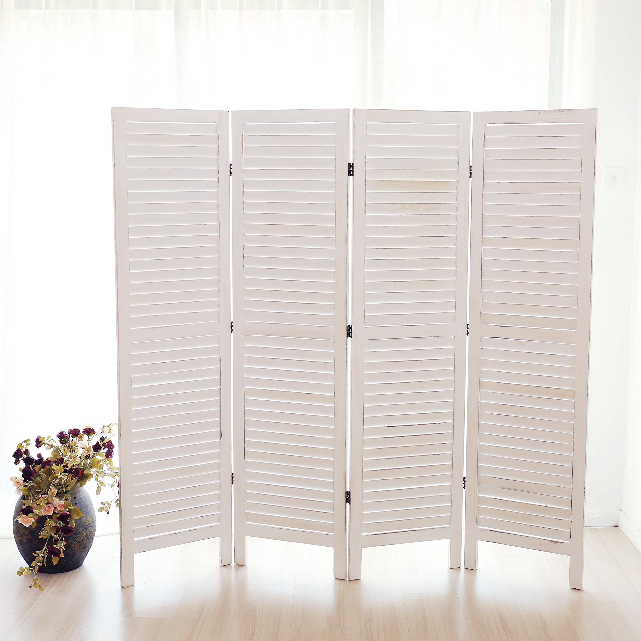 MyGift Whitewashed Wood 4 Panel Screen, Folding Louvered Room Divider