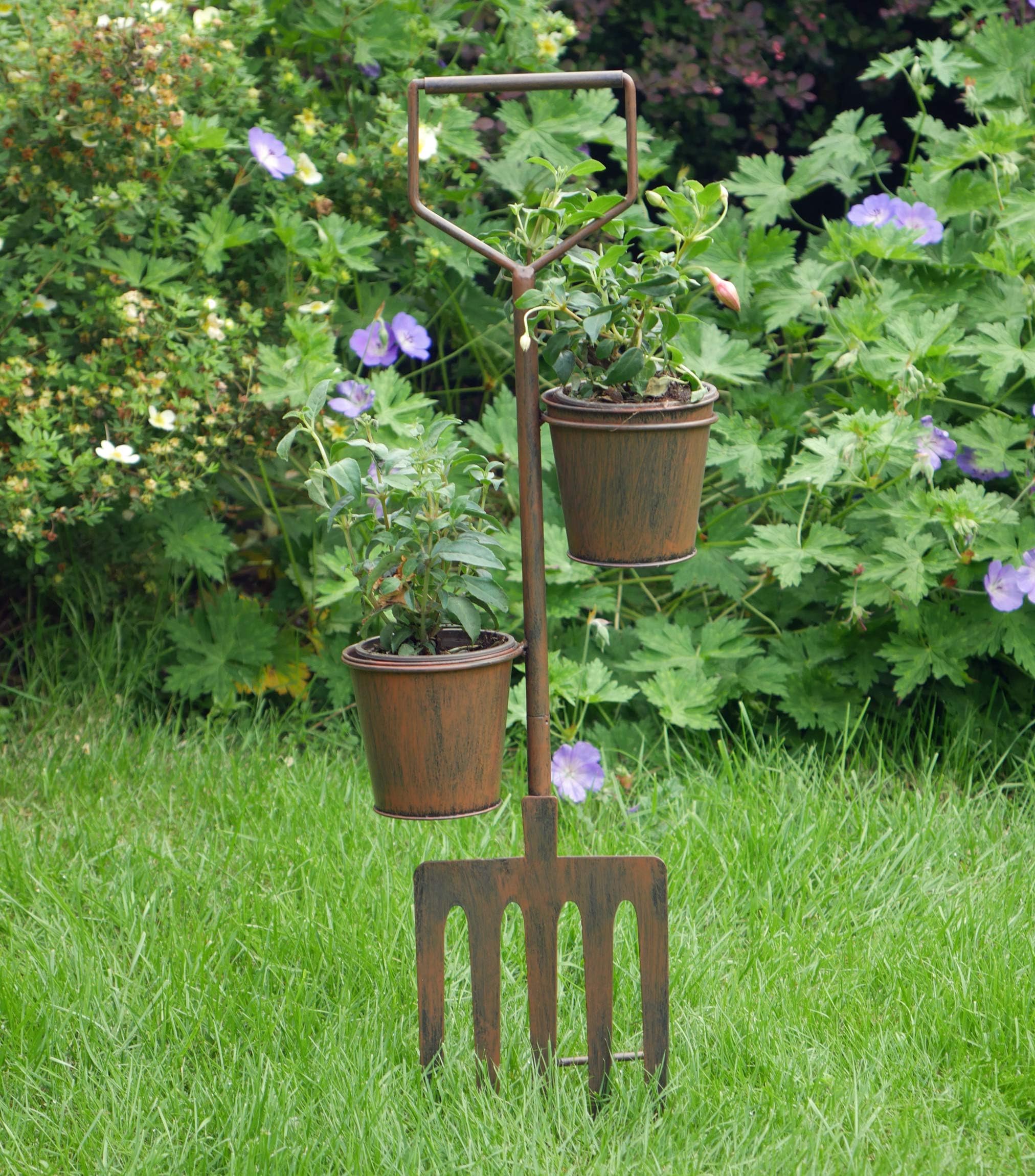 Ablerhome Decor Garden Fork Shaped Ornamental Stake Plant Pots Rustic Brown Metal Flower Bed Decoration NEW (Brown Fork Planter)