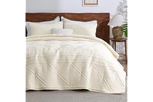 Bedsure Boho Quilt King Size - Lightweight Bedspread King Size with Geometric Stitched Pattern, Pearled Ivory Farmhouse Soft Bedding Set Coverlet with 2 Pillow Shams for All Seasons, 106x96 inches