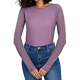 Totatuit Women Floral Mesh Long Sleeve Top Crewneck Double Lined Fitted Basic Shirts with Thumb Holes Going Out Tops