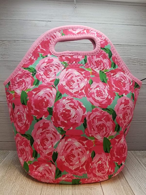 Pink Roses Floral Neoprene Lunch Tote. Reusable, Insulated