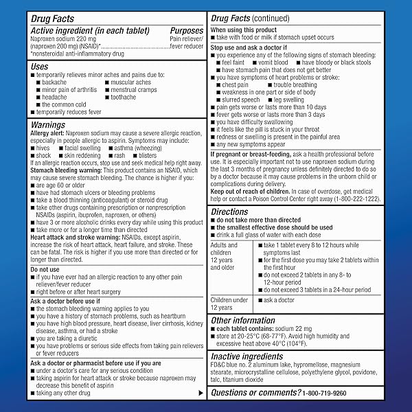 AMAZON BASIC CARE BACK AND MUSCLE PAIN, 220 MG NAPROXEN SODIUM TABLETS, 12-HOUR PAIN RELIEF, HEADACHE, ARTHRITIS, MENSTRUAL CRAMPS, FEVER REDUCER, 90 COUNT