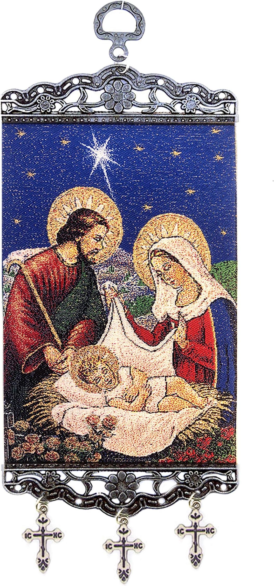 World Faith Tapestry Icon Banner Holy Family Tapestry Icon Banner W Crosses - Wall Room Door Decoration 9 3/4 x 3 7/8 Inches