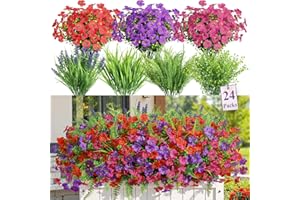 Alupssuc 24 Bundles Artificial Flowers for Outdoors Spring Summer Decoration, UV Resistant Faux Eucalyptus Violet and Lavende