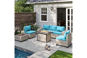 Muphyers 7-Piece Outdoor Patio Furniture Set with 55,000 BTU Fire Pit Table, PE Wicker Rattan Sectional Sofa Set Patio Conversation Set with Coffee Table, Turquoise