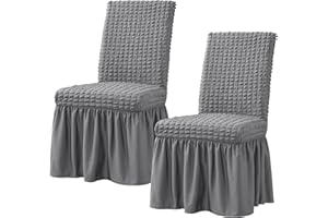 subrtex 2 Pcs Stretchy Dining Room Chair Covers with Long Skirt, Removable Washable Universal Anti-Dirty Parsons Slipcovers for Home Kitchen Party (2, Grey)