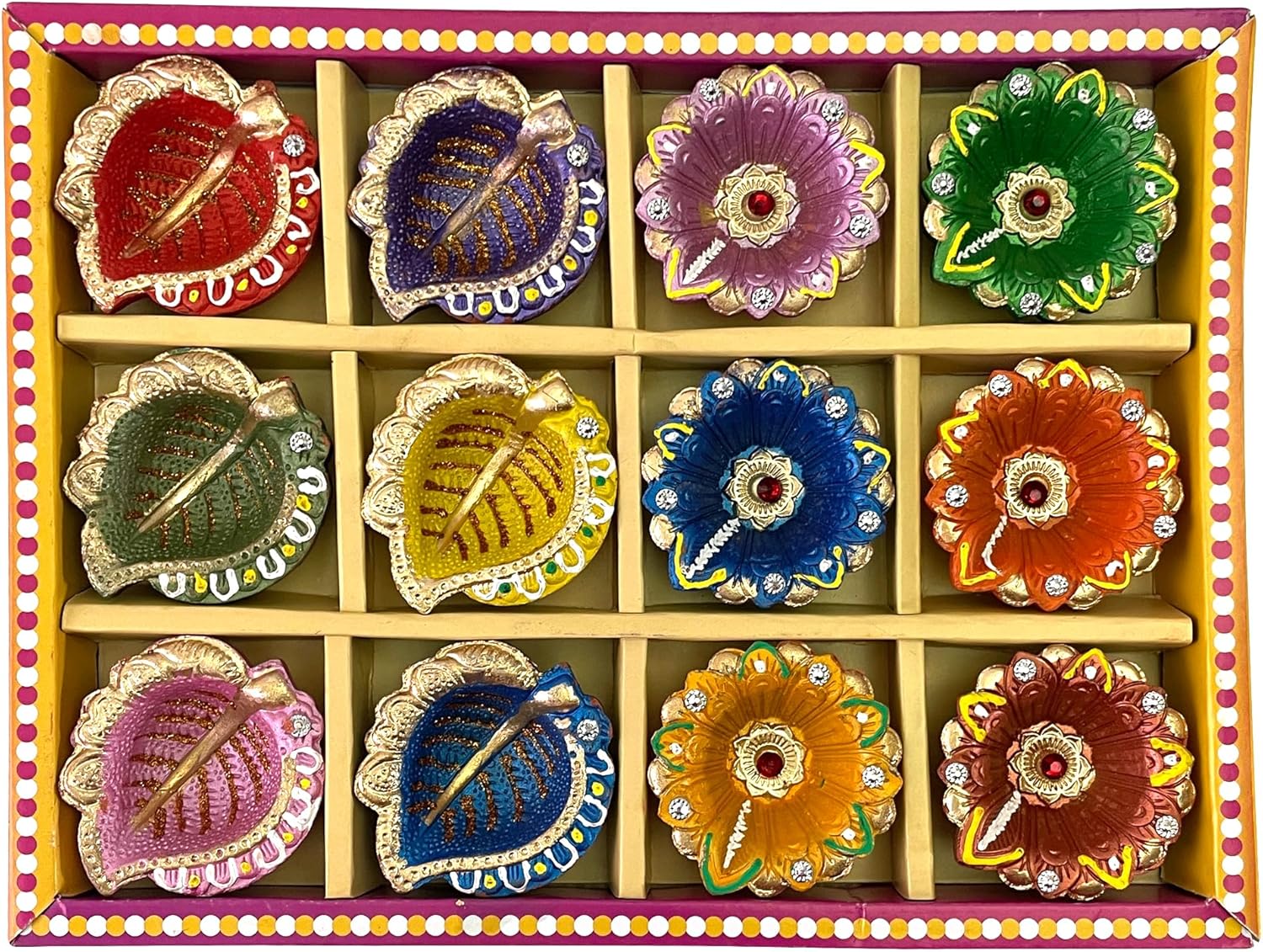 Oil Lamps & Accessories - KSJONE Decorative Diwali Diyas Colourful Lights Clay Traditional Handmade Terracotta Diya Lighting for Navratari Decoration Diwali Gift Box Puja Festival Set of 12 with Cotton Wicks (Style 1)