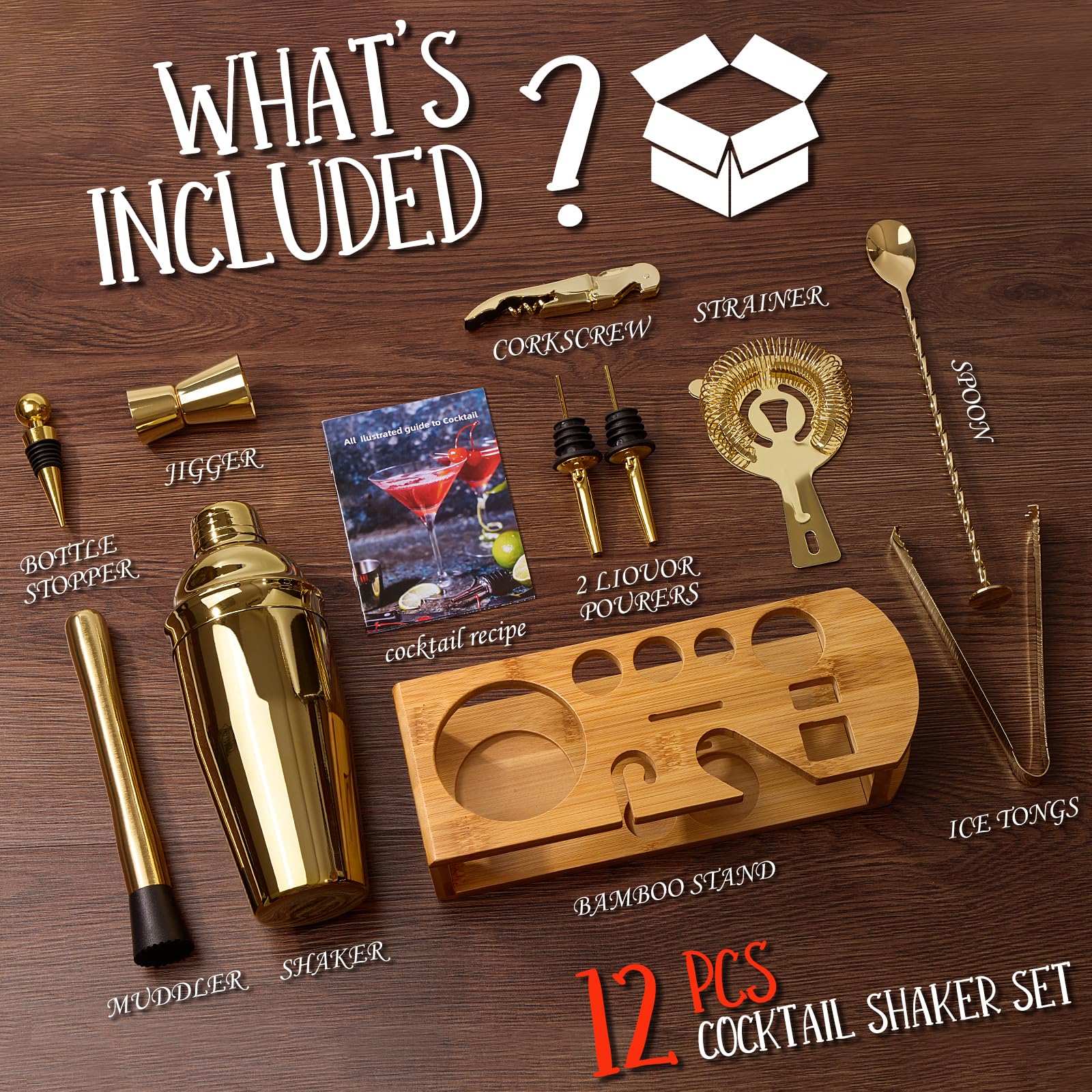 Cocktail Shaker Set Bartender Kit : 12-Piece Bar Tool Set with Bamboo Stand | Bar Set with All Practical Bar Accessories, for Drink Mixing, Bar, Home, Lounge & Party (Gold) - Image 2