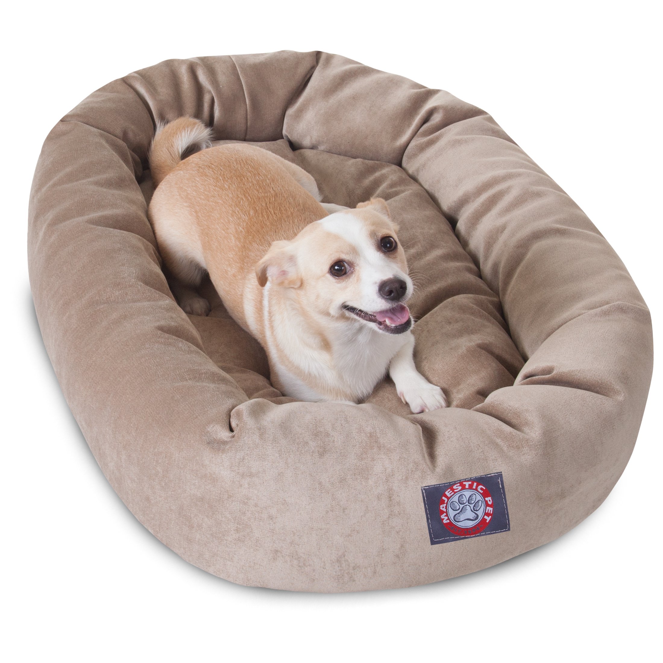 Majestic Pet 32 Inch Micro Velvet Calming Dog Bed Washable – Cozy Soft Round Dog Bed with Spine for Head Support - Fluffy Donut Puppy Mat 32x23x7 (inch) Medium – Pearl