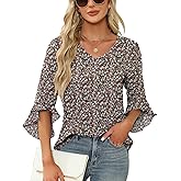 Qirno Chiffon Floral Tops for Women 3/4 Sleeve Dressy Casual Fashion V Neck Blouses for Business Black Floral S