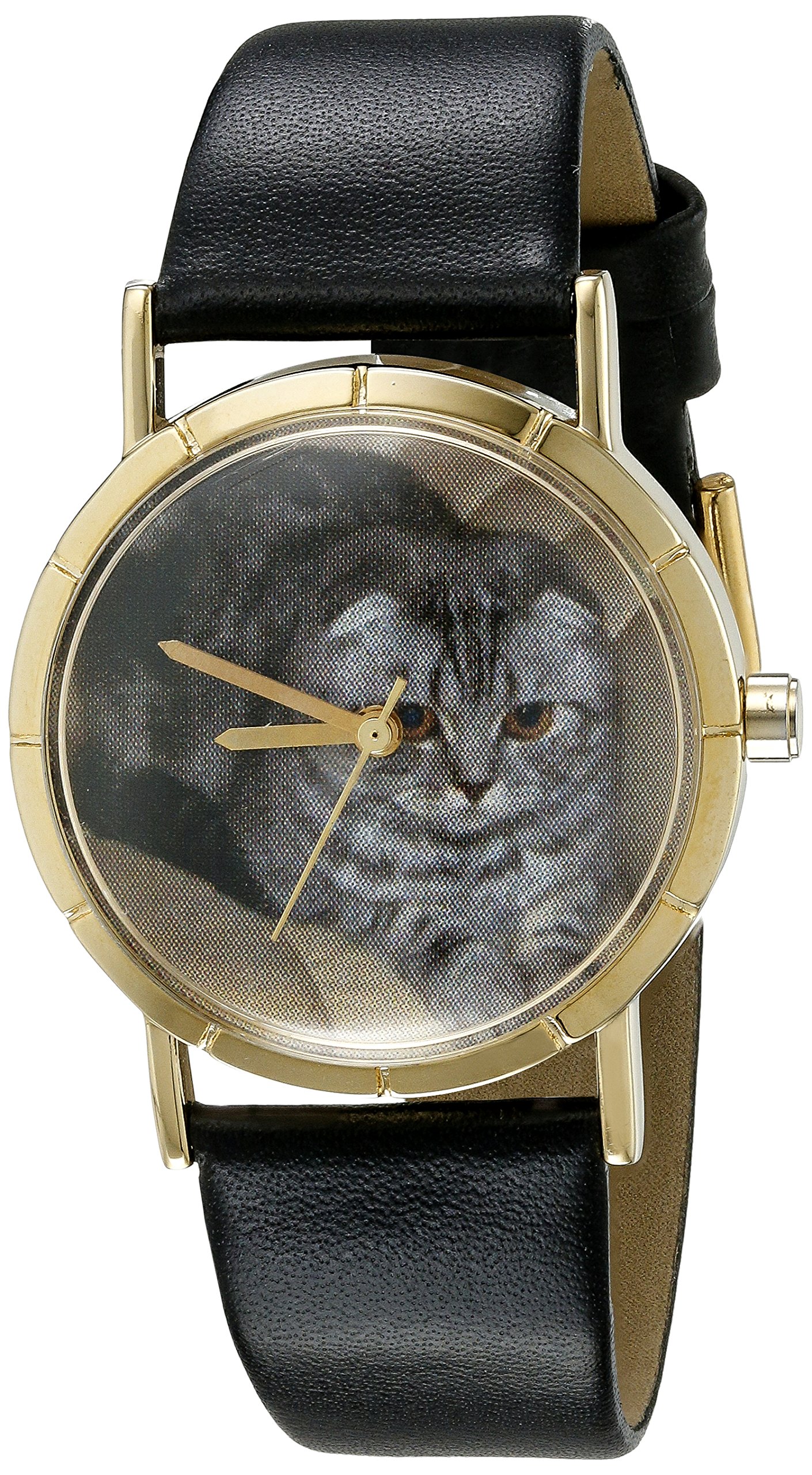 Whimsical Watches Scottish Fold Cat Black Leather and Goldtone Photo Unisex Quartz Watch with White Dial Analogue Display and Multicolour Leather Strap P-0120031