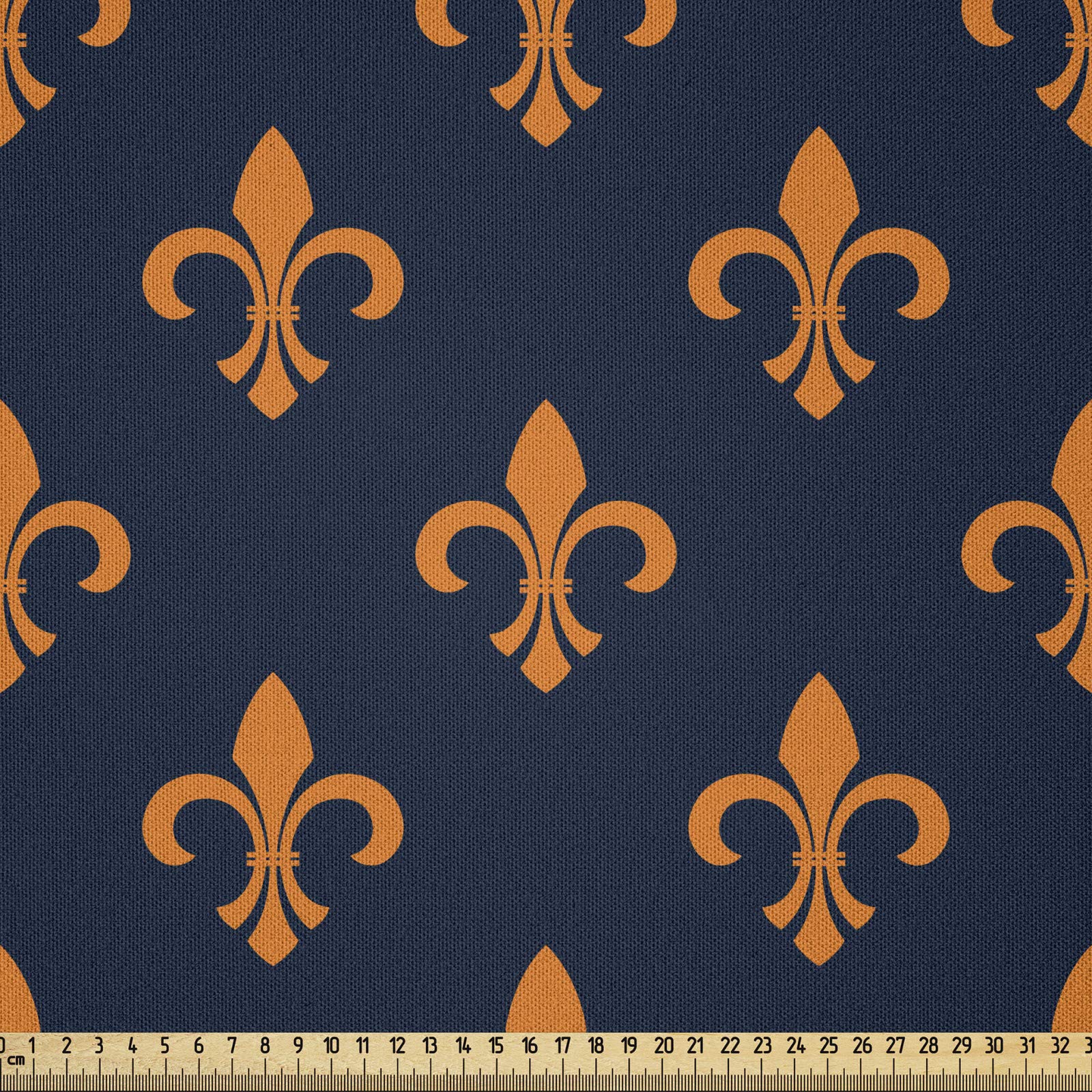 ABAKUHAUS Fleur De Lis Fabric by the Yard, Floral Pattern with Pointed Buds and Curved Leaves Western Motifs, Microfiber Fabric for Arts and Crafts Textiles Decor, 1M (230x100cm), Indigo Orange