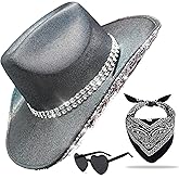JICASTO Cowboy Hat Glitter Cowgirl Hat with Sequins & Tiara Crown for Women Rodeo Party Hats with Heart Glasses