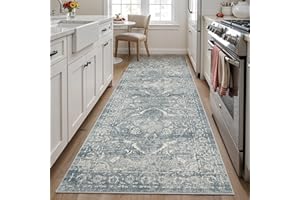 EISUROM Hallway 3x10 Runner Rug - Vintage Non-Slip Long Rug for Entryway Low-Pile Washable Medallion Runner Rugs for Hallway Waterproof Traditional Runner Rug Indoor Thin Rug for Kitchen (Blue)