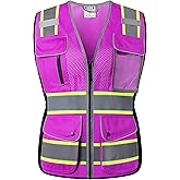 HATAUNKI Reflective Safety Vest for Women Mesh High Visibility Vest with 8 Pockets and Front Zipper High Vis Vest Work Vests Meets ANSI/ISEA Standards(Purple-16, Large)