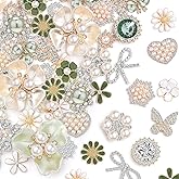 Giegxin 48 Pcs Rhinestone Buttons for Crafts Faux Pearl Embellishments Button Butterfly Flower Vintage Brooch for Wedding Decorations Jewelry Making DIY Clothes Bag Shoes Supplies (Green White)