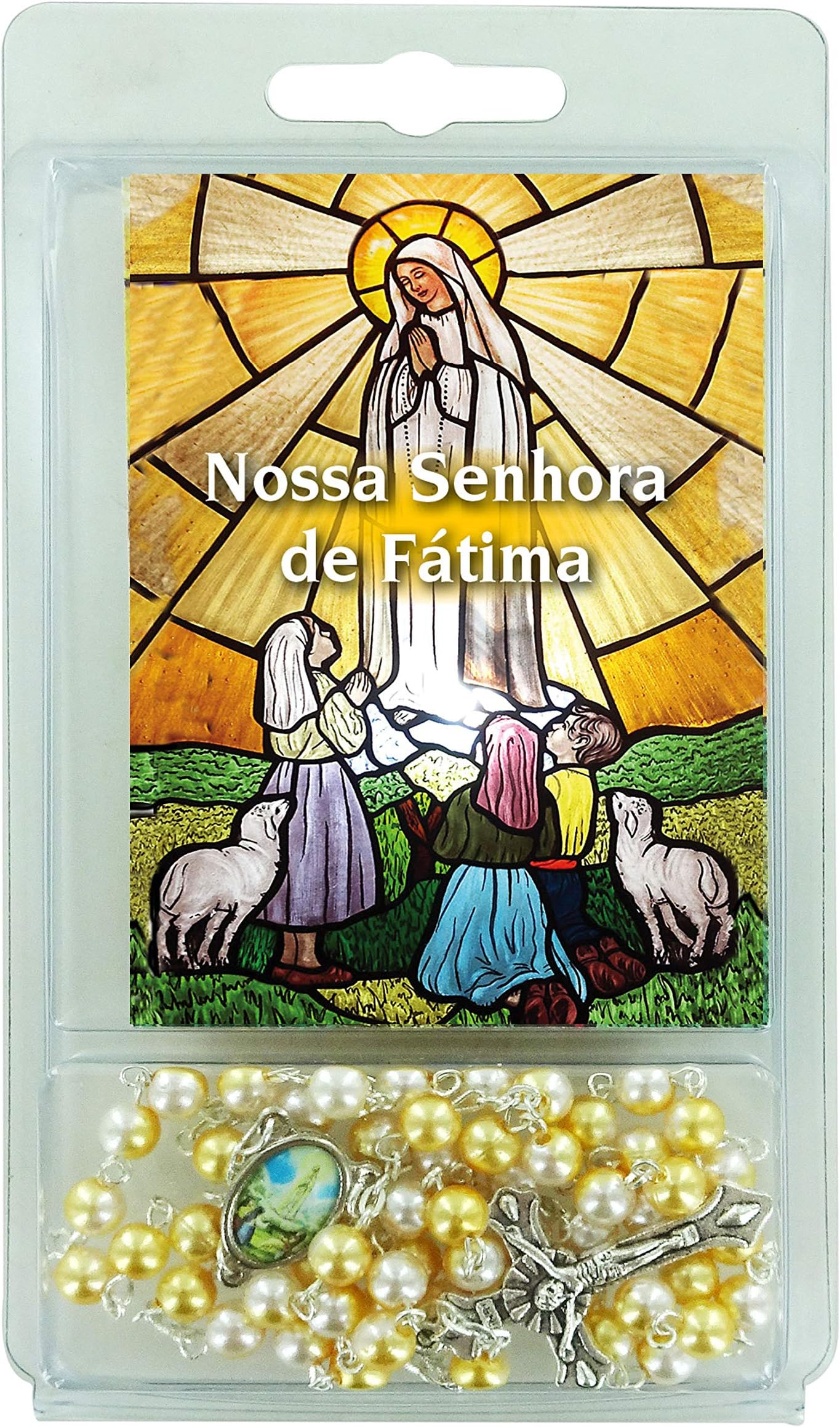 Ferrari & Arrighetti Rosario White and Gold Bead with Image of Our Lady of Fatima (3 Pieces)