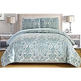GrandLinen - 3-Piece Fine Printed (Double) Full Size Quilt Set Reversible Bedspread Coverlet Oversize Bed Cover (Pale Blue, Grey, Paisley)