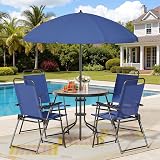 Shintenchi 6 Piece Patio Dining Set with Umbrella, Outdoor Furniture Set with 4 Folding Chairs and Tempered Glass Top Dining Table fot Lawn Backyard Garden Porch Blue