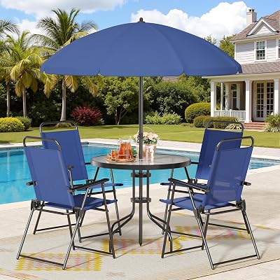 Shintenchi 6 Piece Patio Dining Set with Umbrella, Outdoor Furniture Set with 4 Folding Chairs and Tempered Glass Top Dining Table fot Lawn Backyard Garden Porch Blue
