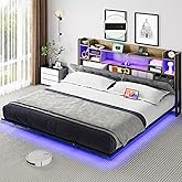 DWVO King Size Floating Bed Frame with 46'' Headboard, Upholstered Platform Bed with LED Light & Charging Station, No Box Spring Needed, Large Headboard Storage, Non-Slip Without Noise, Gray