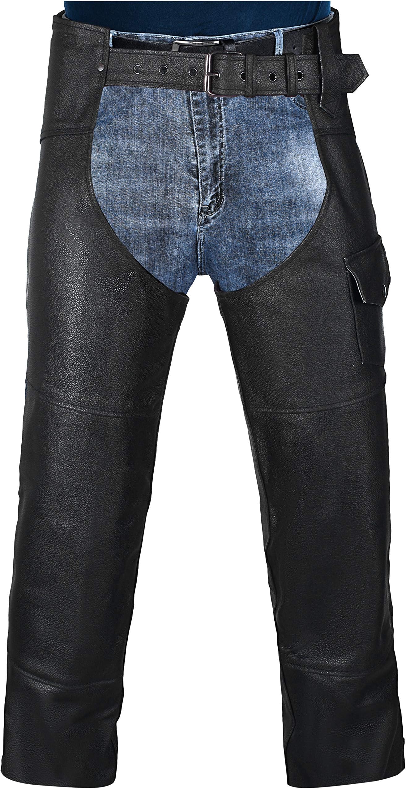 HWK Motorcycle Leather Chaps Pants Biker Cowboy Riding Racing Black Genuine Leather Chap