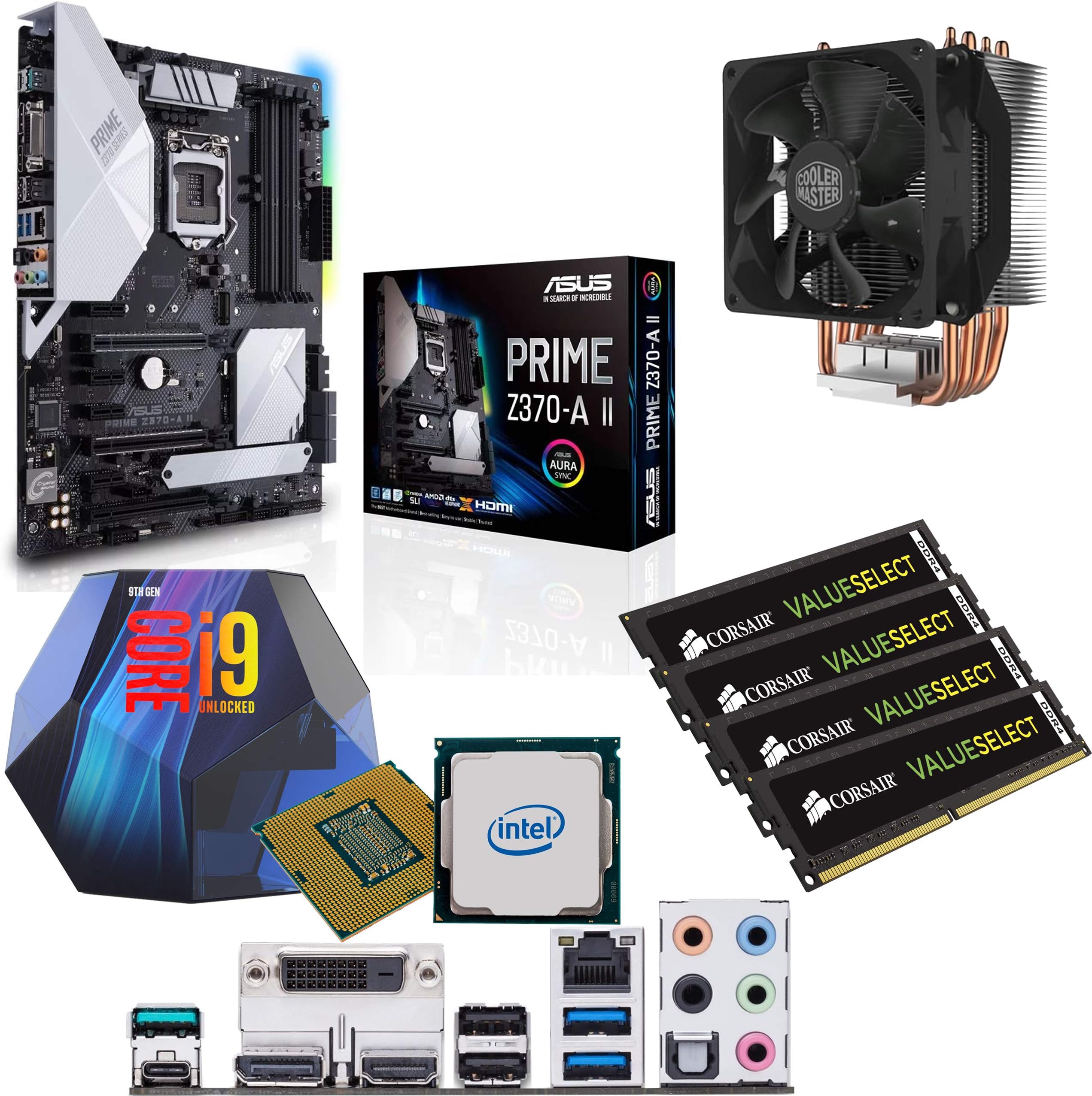 Components4All Intel Coffee Lake Core i9 9900K 3.6GHz (5.0GHz Turbo) CPU, ASUS Prime Z370-A II Motherboard, 16GB 2400MHz Corsair DDR4 RAM & Cooler Master Hyper Cooler Pre-Built Bundle