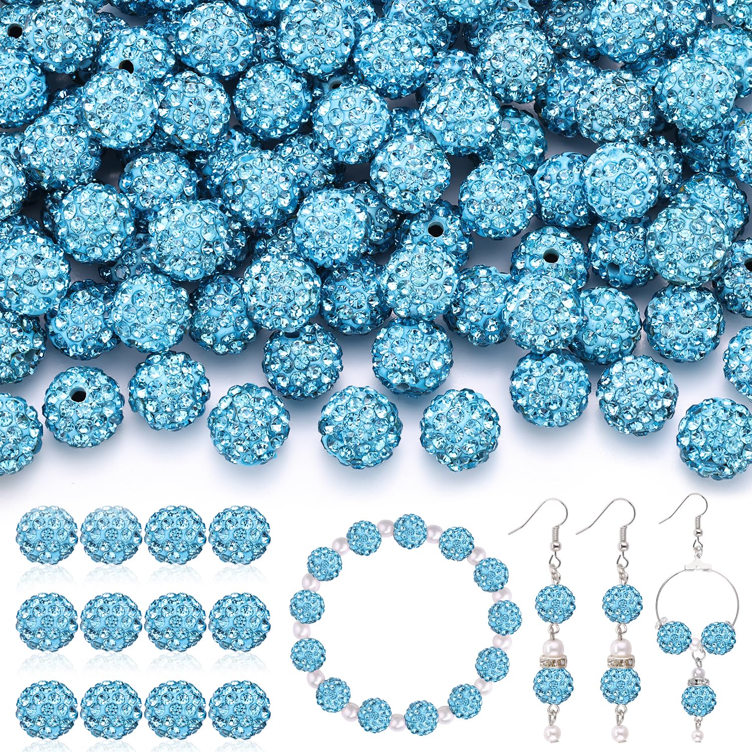 Photo 1 of 120pcs 10mm Rhinestone Beads for Jewelry Making, Aquamarine Shiny Round Shamballa Disco Ball Beads Bulk, Sparkle Crystal Clay Christmas for Bracelet Baseball Necklace Earring Crafting and DIY