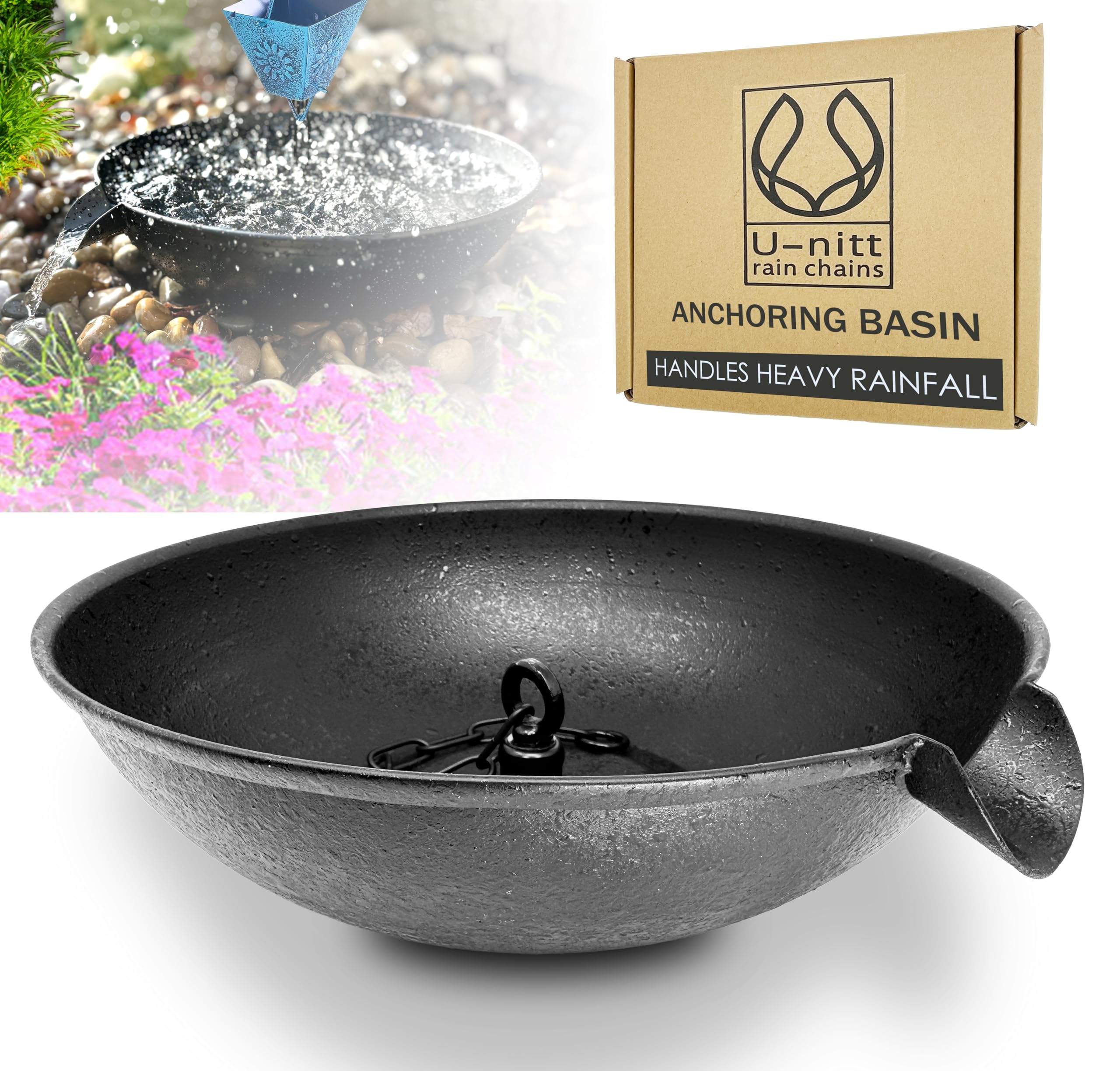 Photo 1 of 12" Spill Bowl Catch Basin for Rain Chain Anchoring & Stake | Rainwater Collection for Roof Gutter Downspout | Good For Water Fountain & Birdbath | Black | Works with Rainchain | Handles Heavy Rain