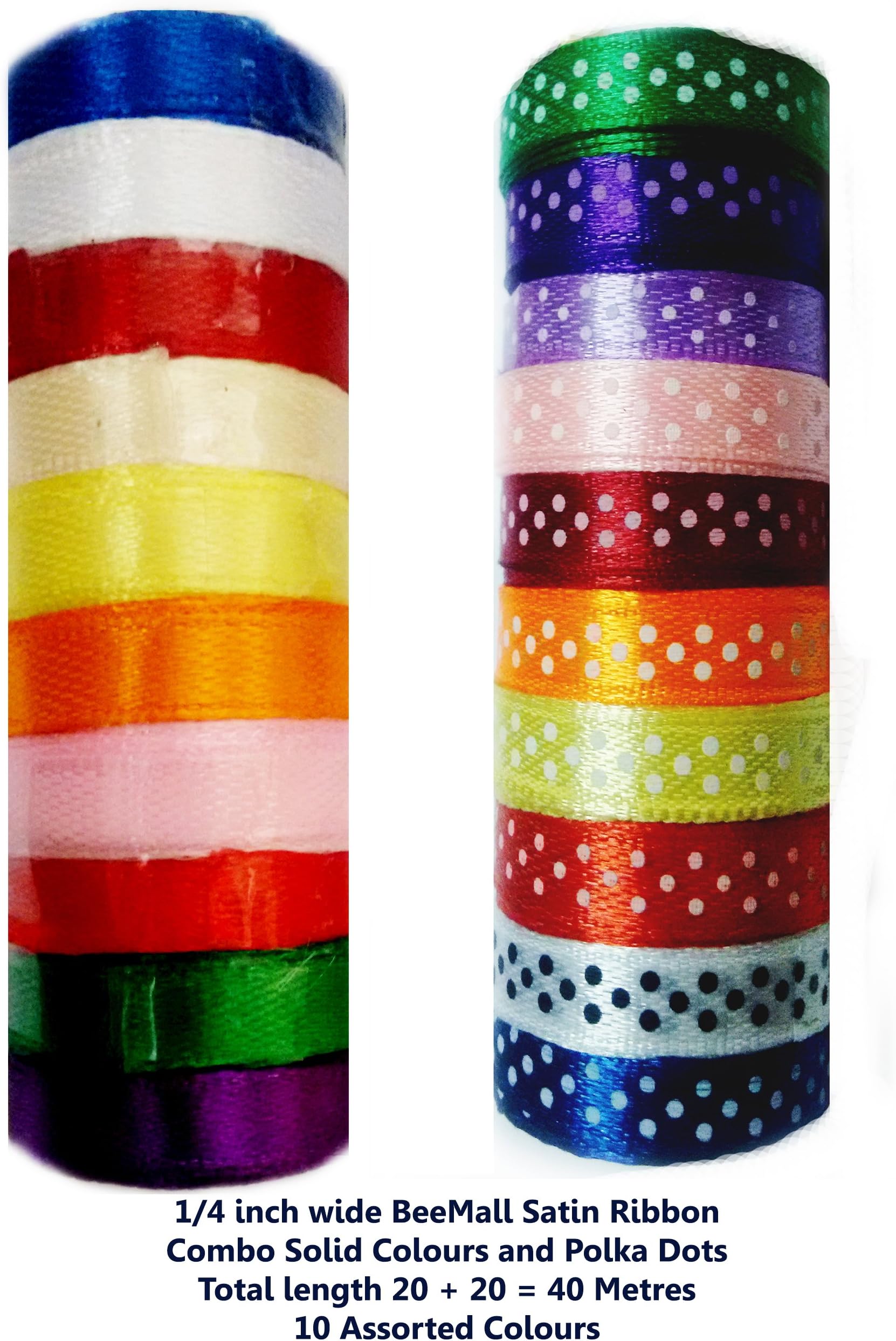BeeMall Satin Ribbon 10 Different Colours Total 20 Metres for Gift Wrapping, Bow Making, Flower Making, Art and Craft, Sewing DIY Activities with A Free Flower Making Booklet (0.25 Combo)