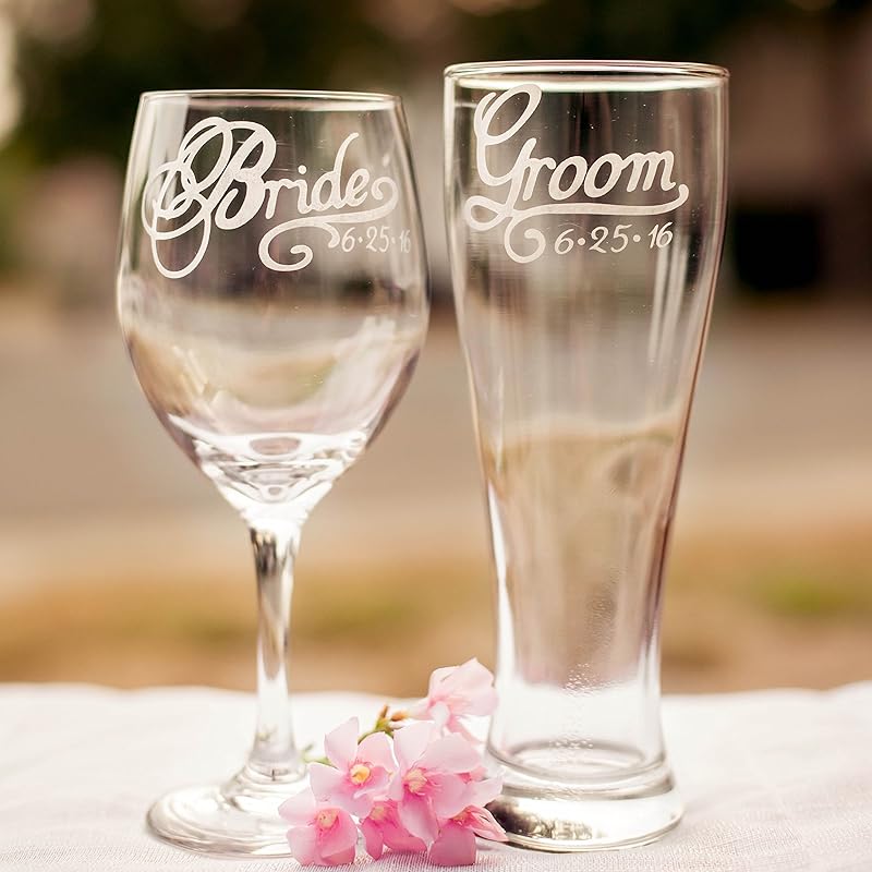 Bride Wine Glass and Groom Beer Glass with Wedding Date