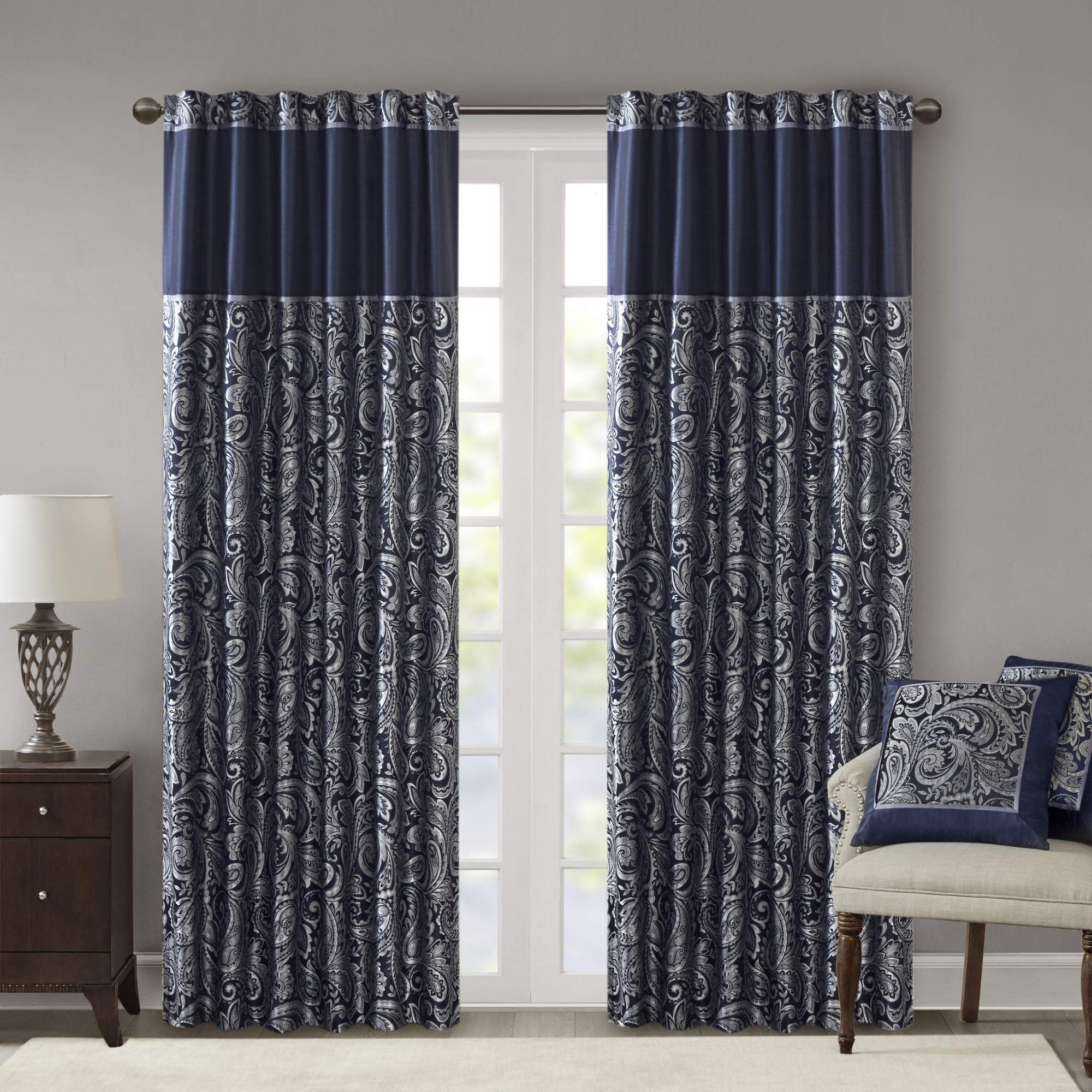 Madison Park Aubrey 2 Panel Curtain Faux Silk Paisley Jacquard, Rod Pocket Curtain for Living Room, Kitchen, Room Darkening Window Drape for Bedroom and Dorm, 2-PK 50x95, Navy