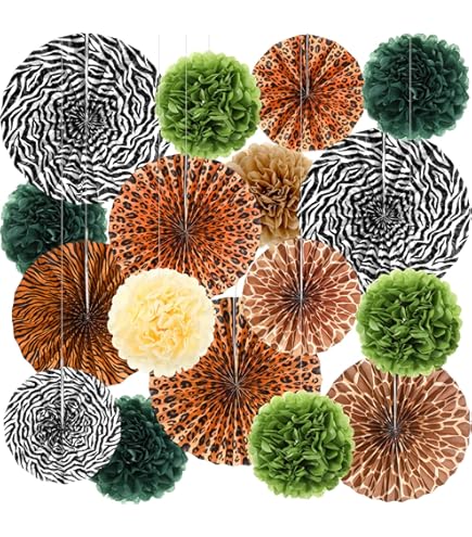 ANSOMO Decorazioni Festa Jungle Safari – 12 Pompon Carta Velina Con Stampa Leopardo, Zebra, Verde Salvia – Centrotavola E Parete