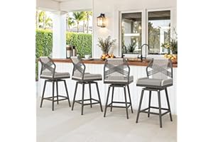 COZYMAN Outdoor Bar Stools, Swivel Counter Height Rattan Bar stools Set of 4 with Aluminum Legs for Patio Garden Resort, Slate Gray