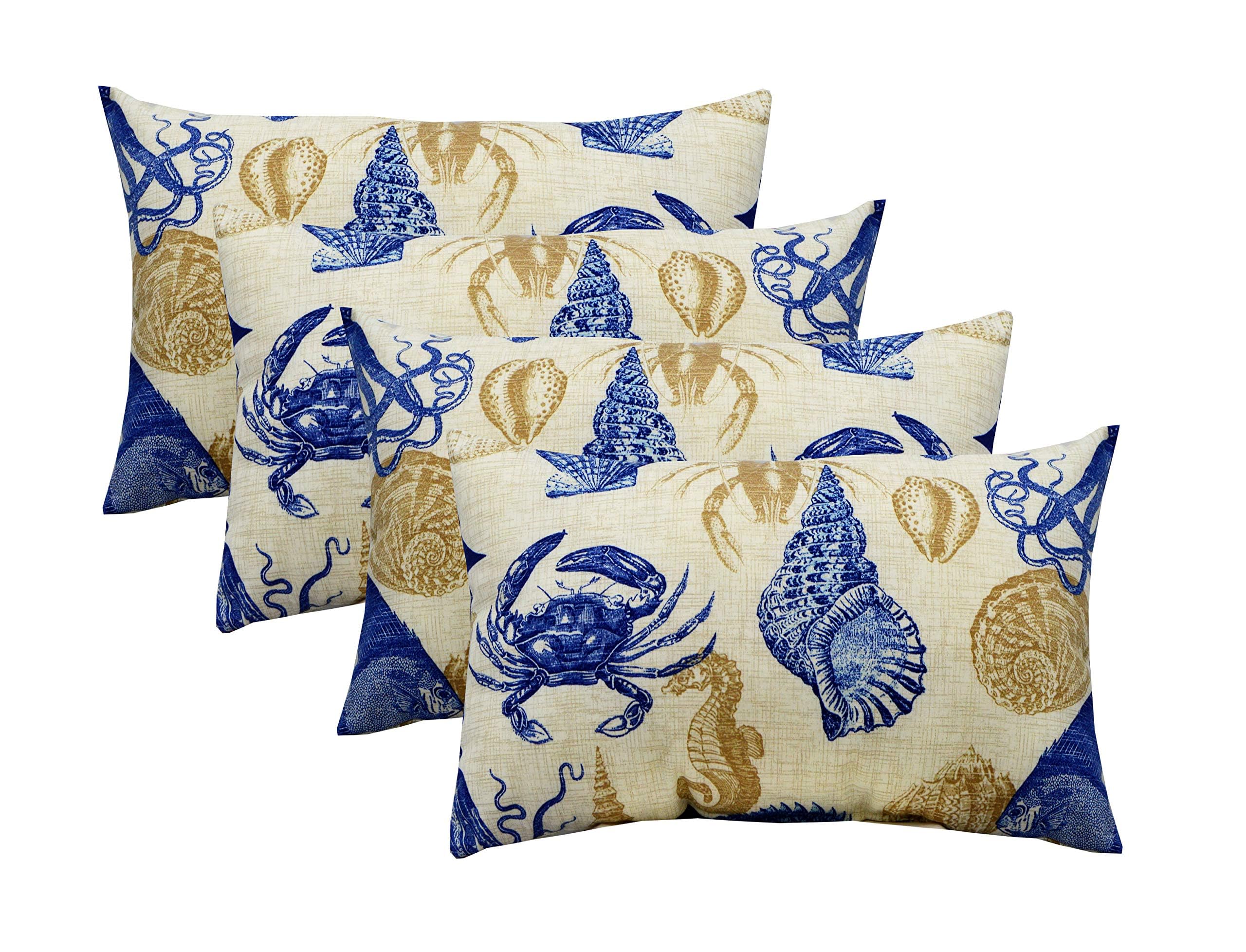 RSH Décor Set of 4 Lumbar Throw Pillows – 20” x 12” Reversible Decorative Accent Cushions for Patio, Porch, or Living Room – All Weather Polyester Fabric – Blue Tan Crab Image