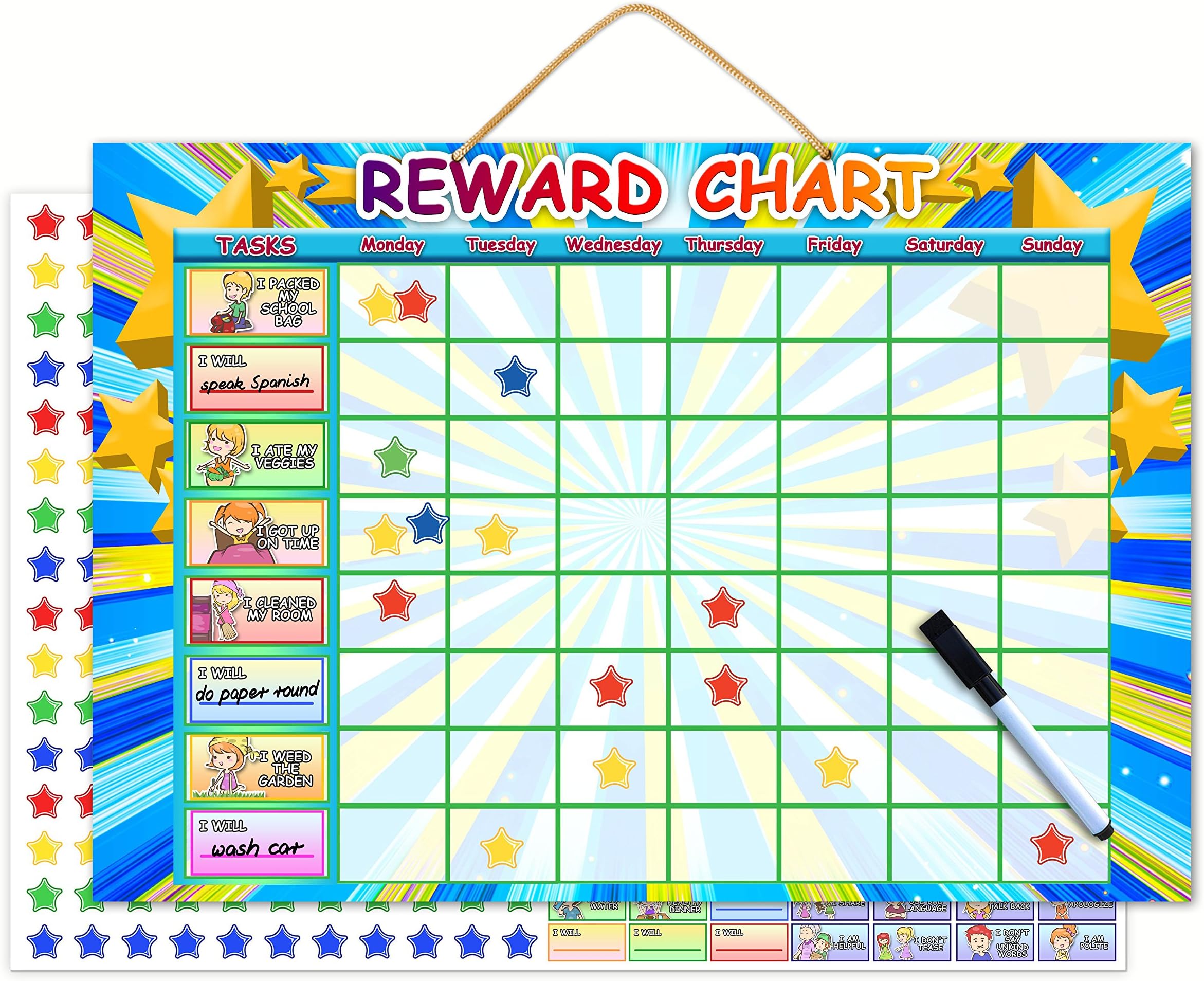 Magnetic Reward Chart | Dry Erase Learning Toy Chore Chart Or Task Planner | Encourage Good Behaviour and Responsibility | Big Buttons For Tiny Fingers With Hanging Loop And Printable Coloring Sheets