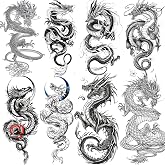 TASROI 8 Sheets Cool Dragon Temporary Tattoos For Men Women Adults, Black Realistic Dragon Tattoo Sticker Half Arm Sleeve, Waterproof Tribal Totem Fake Tattoos That Look Real and Long Lasting Set Kit