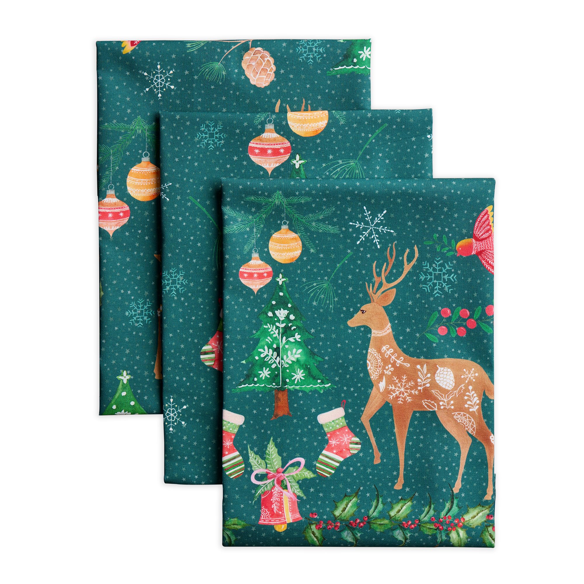 Maison d' Hermine Kitchen Towels Set of 3 100% Cotton 70 CM x 50 CM Reusable Cloth Tea Dish Towels Absorbent with Hanging Loop for Kitchen Dining Christmas Decorations (Hygge Christmas)