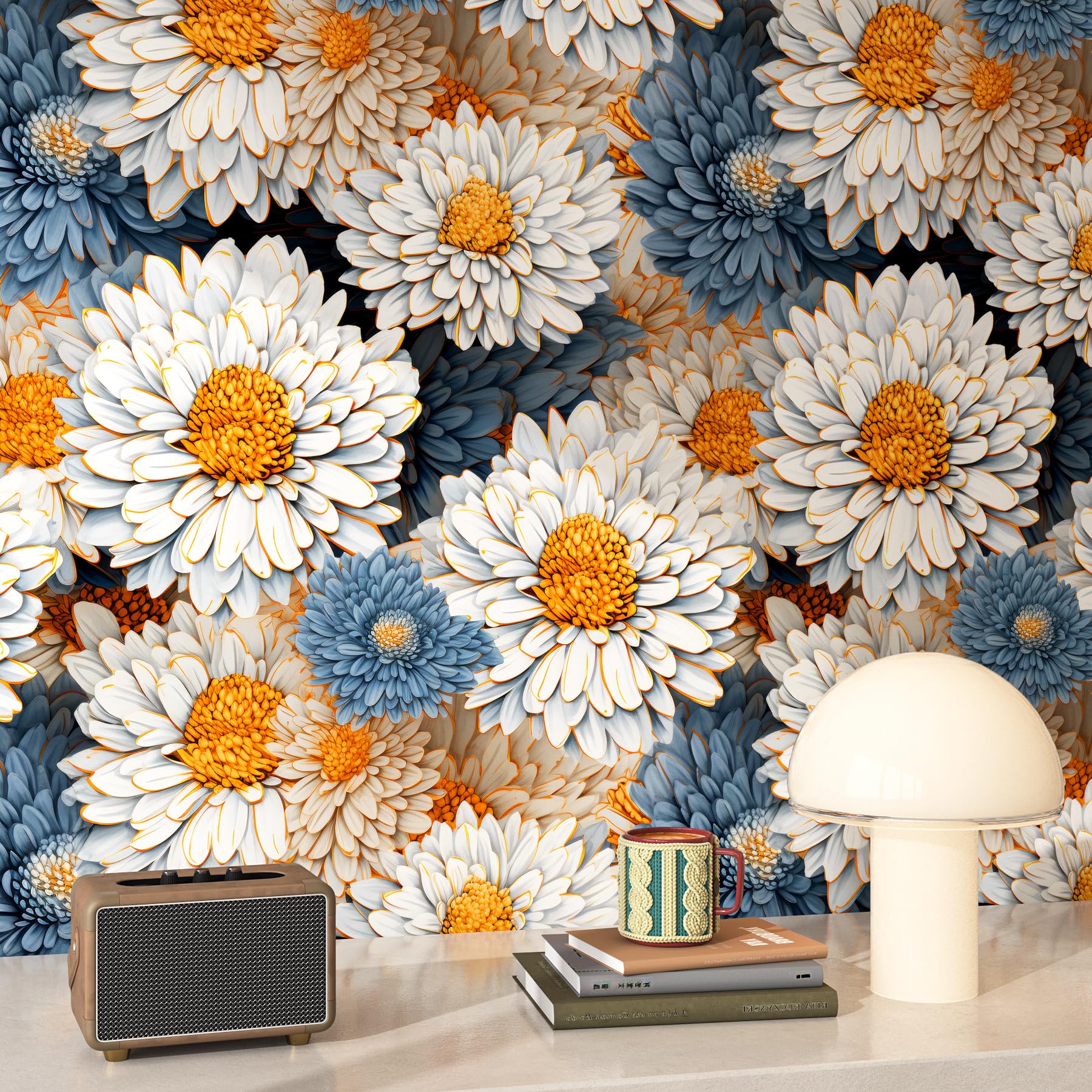 FunStick 44.5CMx9M Peel and Stick Wallpaper White Floral Kids Living Room Wallpaper Daisy Flowers Blue and White Vinyl Wrap for Kitchen Cupboards Vintage Floral Sticky Covering for Furniture Walls