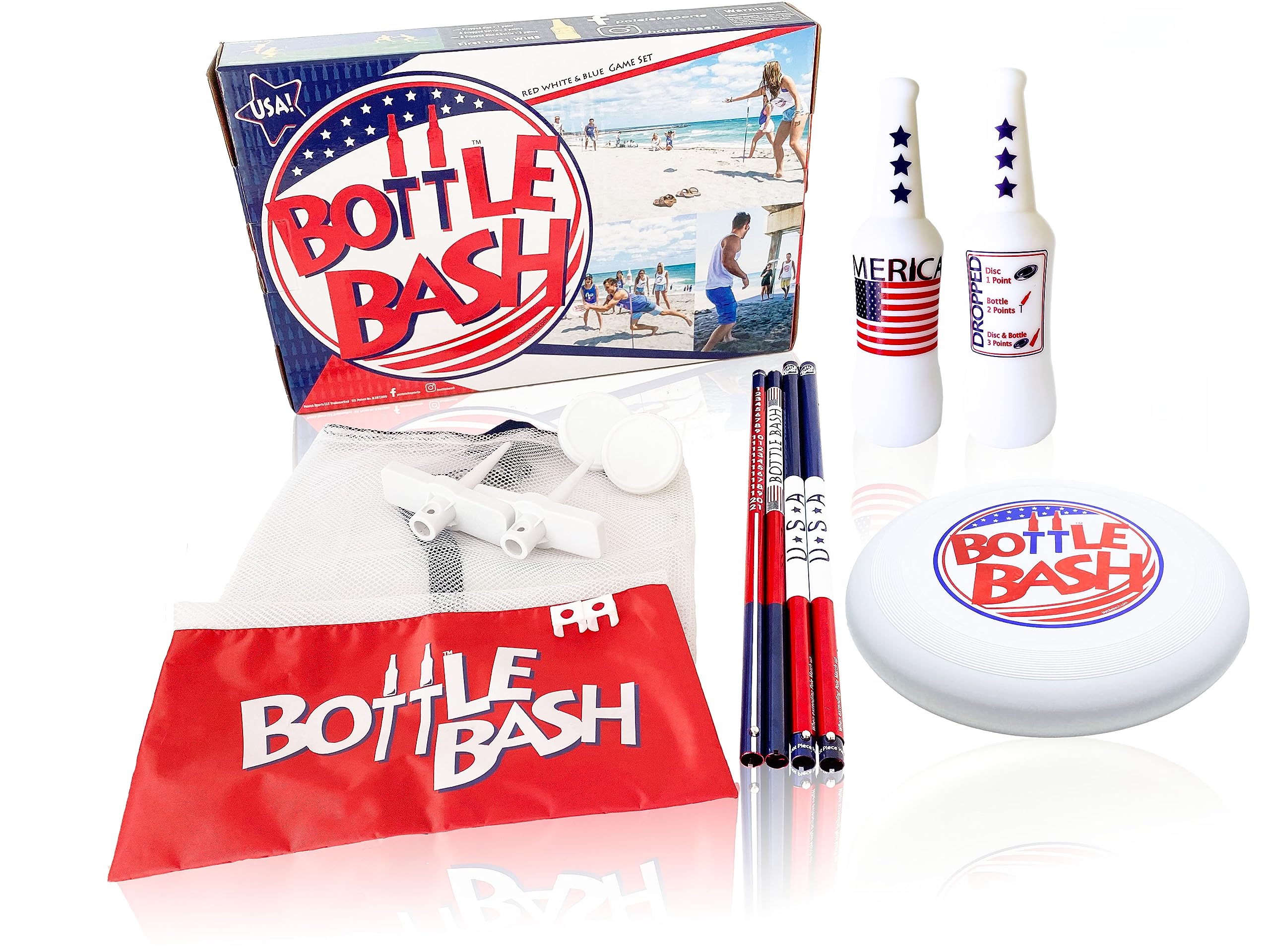 Bottle Bash USA Outdoor Flying Disc Game Set – Disc Toss Game for Family, Adult & Kids, Backyard and Beach Game - Frisbee Target Lawn Game with Poles & Bottles (Beersbee & Polish Horseshoes) Image