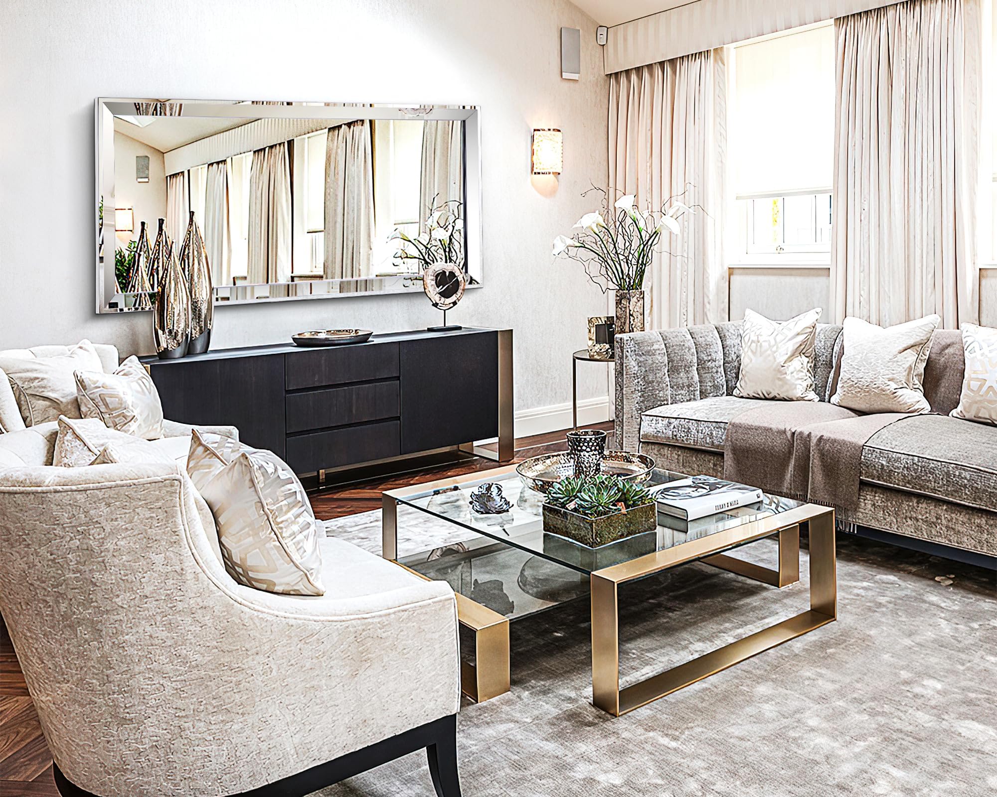 Photo 1 of **DIRT**Chende Rectangular Mirror for Wall Decor, 24"x 52" Large Elegant Wall Mirror for Living Room with 2" Stainless Steel Frame, Angled Beveled Edge, Horizontal/Vertical Hanging