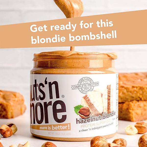 NUTS ‘N MORE HAZELNUT BLONDIE SPREAD – HIGH PROTEIN, LOW CARB, LOW SUGAR, GLUTEN FREE, NON-GMO, ALL-NATURAL KETO NUT BUTTER SNACK (15OZ JAR)