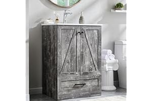 Aitjunz 24" Farmhouse Bathroom Vanity with Sink, Modern Standing Bathroom Vanity Sink Cabinet with Large Storage Drawer, Barn Door, Soft Closing & Metal Handle, Light Grey