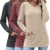 Oakgarden 3 Pack Women's Long Sweaters to Wear with Leggings Long Sleeve V Neck Tunic Sweaters with Pockets 2026 Casual Tops