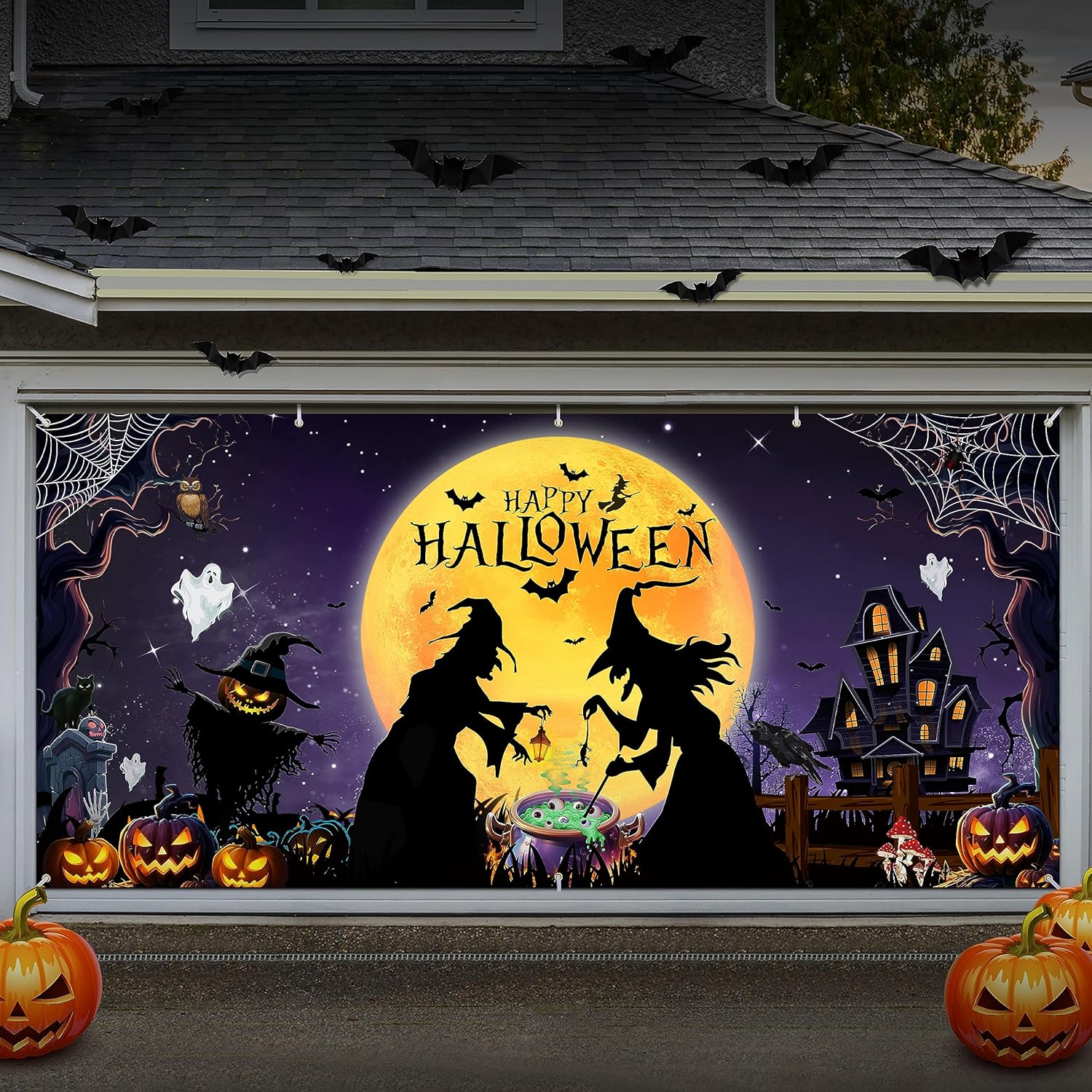 Garage Door Decorations - Large Halloween Garage Door Cover Garage Door Decoration Backdrop Party Background Wall Banner for Outdoor Halloween Themed Party Decoration 6 x 13 Ft (Backdrop-01)