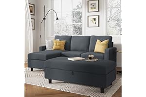 HONBAY Reversible Sectional Couch with Chaise Modern Linen Fabric L Shape Sofa for Apartment Sectional Set with Ottoman in Bluish Grey