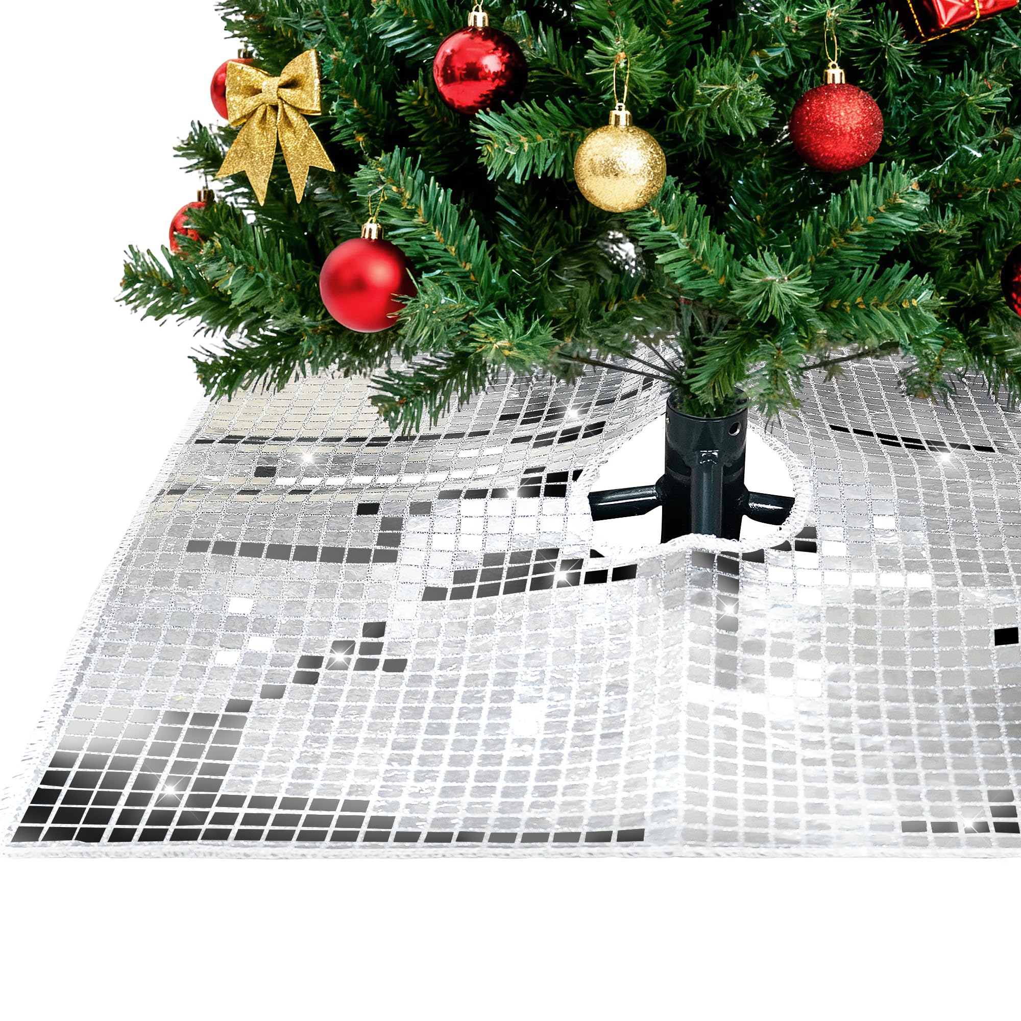 Photo 1 of 2++Silver Christmas Tree Skirt Small 17 Inch Square Disco Tree Skirt Mini Sparkly Xmas Decoration for Tabletop Trees, Apartments, Dorm Rooms and Small Spaces