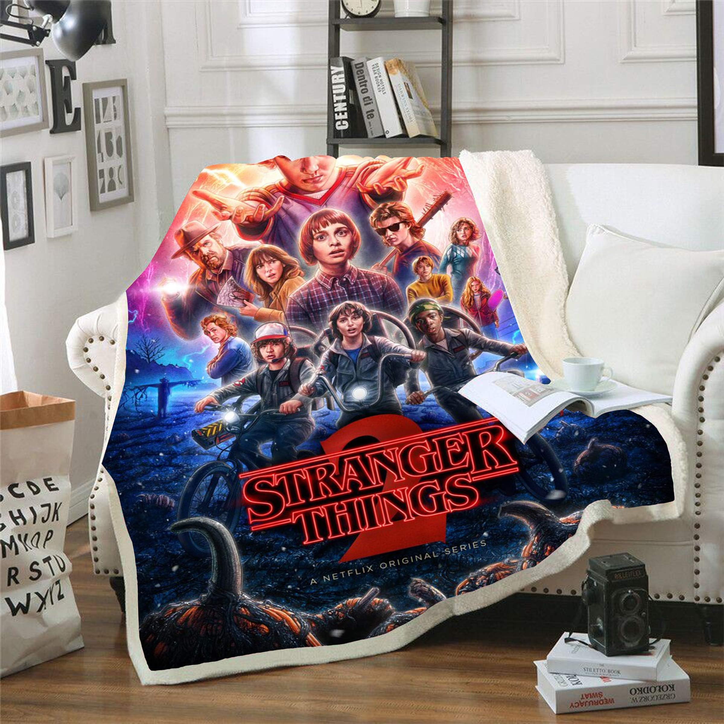 Stranger Things Blanket Sherpa Throw Blanket for Bed and Couch 3D Printed Quilted Blankets for Kids and Adults Soft Fluffy Fleece Blanket Bedding (Style1, 150cm x 200cm(59'' x 79''))