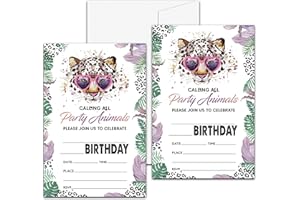 Animals Birthday Party Invitation, Leopard Print Themed Fill-In Invites for Teens Boys & Girls, 20 Invitations With Envelopes