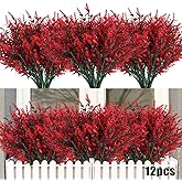 RECUTMS 12 Bundles Artificial Flowers Outdoor Fake Flowers for Decoration UV Resistant No Fade Faux Plastic Plants Garden Porch Window Box Décor, Flores Artificiales para Decoracion(Red)
